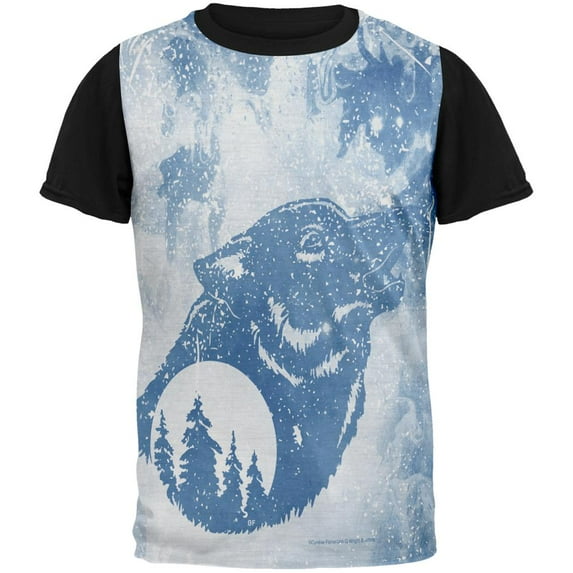 Distressed Blue Howling Wolf Silhouette All Over Mens Black Back T Shirt Multi LG