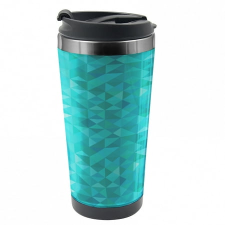 

Teal Travel Mug Triangles Squares Modern Steel Thermal Cup 16 oz by Ambesonne