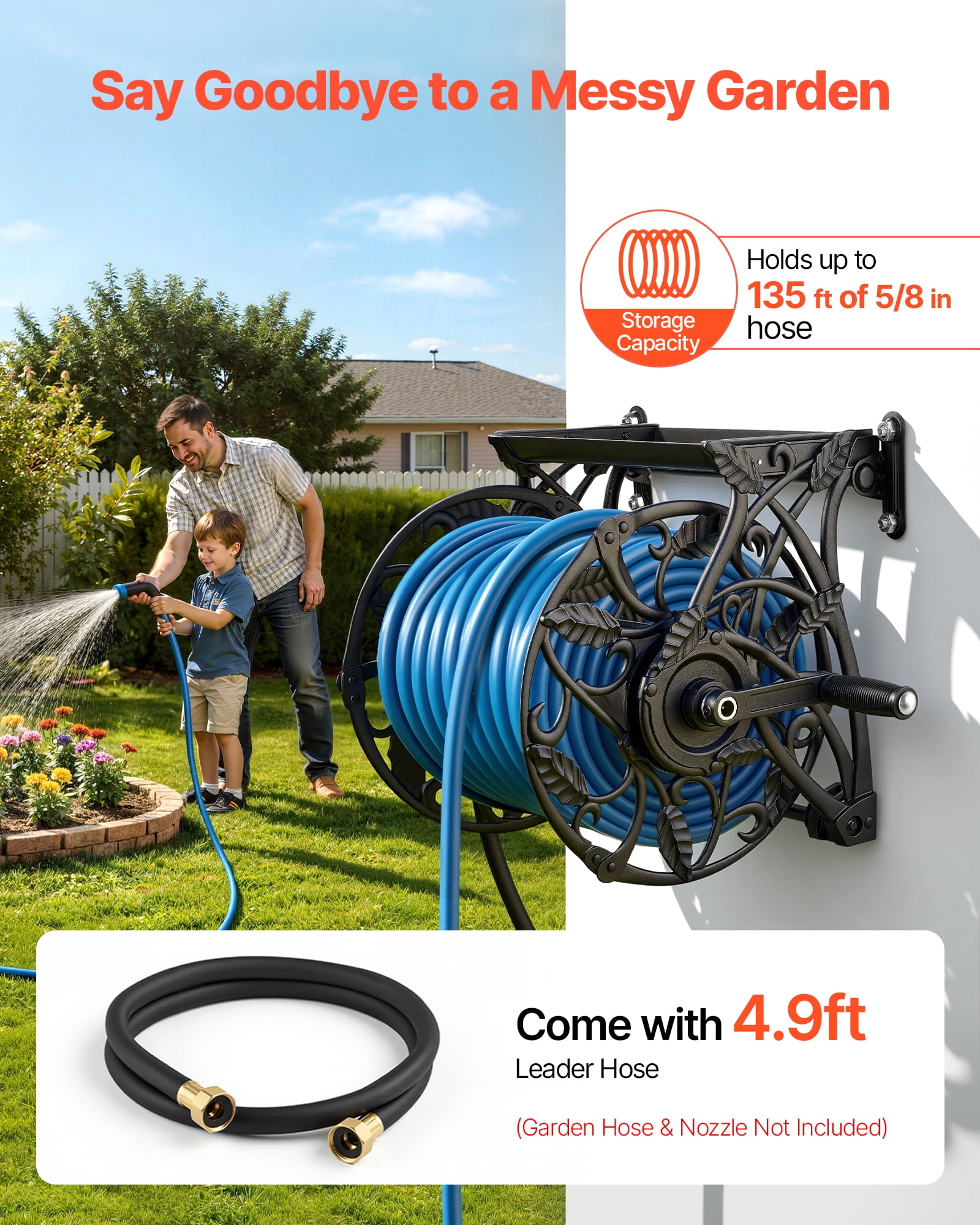 VEVOR Wall Mounted Garden Hose Reel, Holds 135 Feet of 5/8-inch Hose, Outdoor Heavy-Duty Waterhose Holder Winder, with Widened Top Tray, Aluminum Alloy Connector, Decorative Pattern, for Backyards
