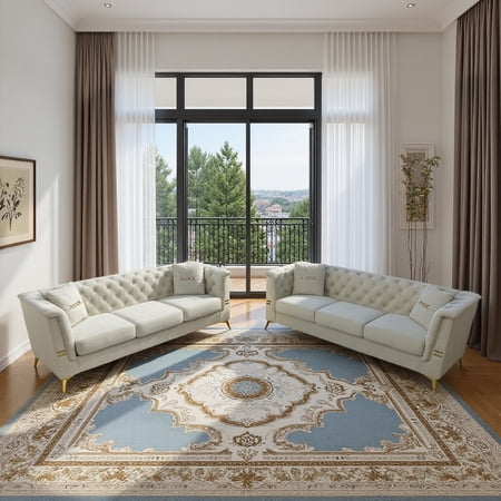 Modern Velvet Upholstered Sofa Set Of 2 Cream White 3-Seater Sofas with Gold Metal Legs Contemporary Living Room Furniture for Family Homes Apartments and Lounge Spaces (White)