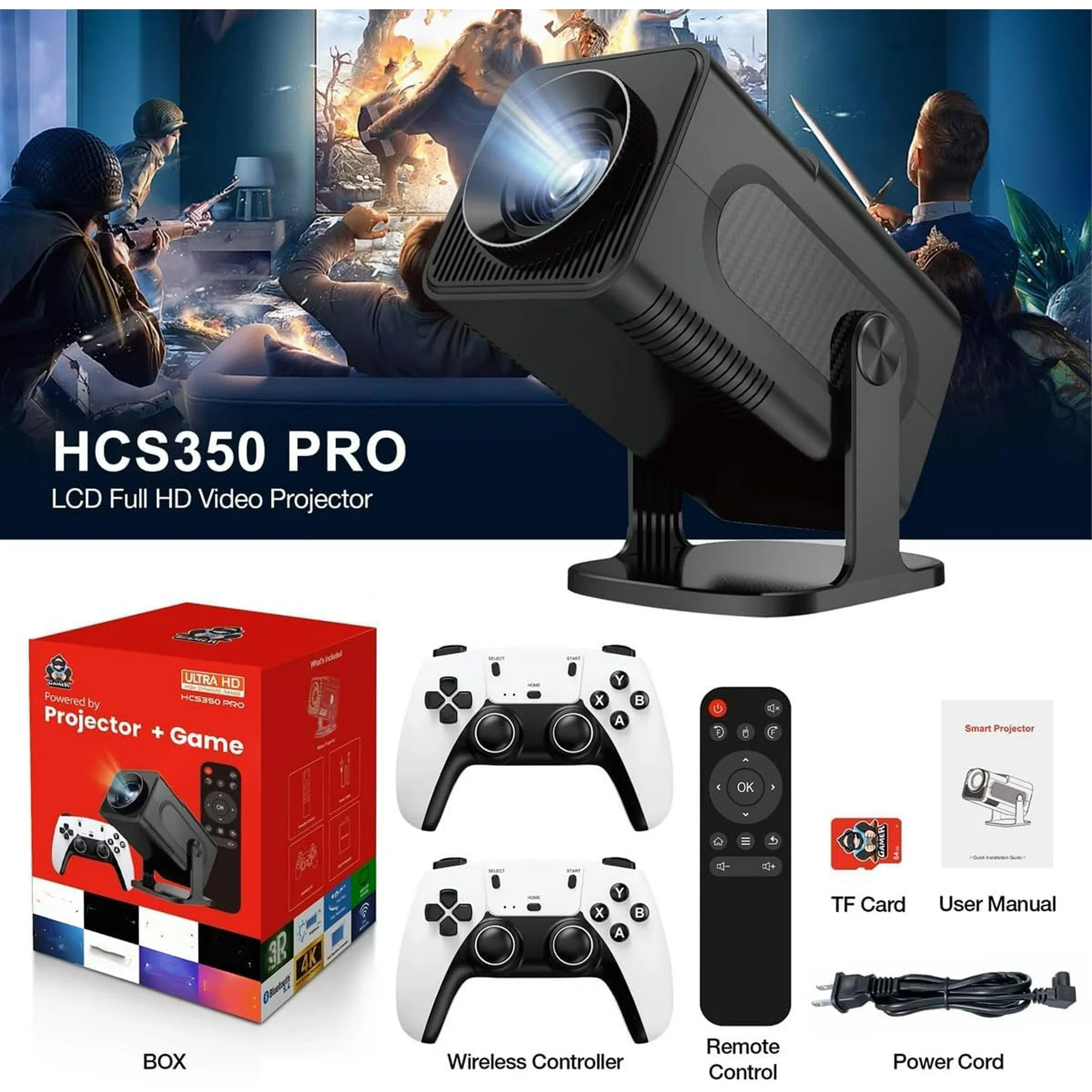 1080P Mini Game Video Projector 4K with WiFi 6, Bluetooth 5.4, Android 11, Auto Keystone, 180° Adjustable Stand for Home Theater/Play Games