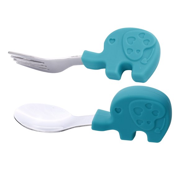 CIMAXIC Toddler Utensil Set Silicone and Stainless Steel Spoon and Fork Green Ergonomic Design Perfect for Baby Use 5.9 Inches,3.94"X1.18"X1.18"