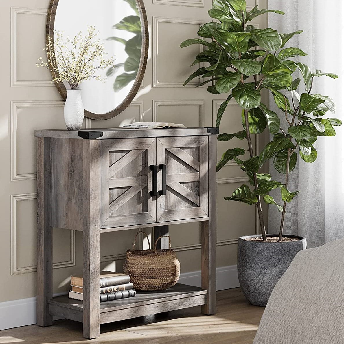 Wampat Modern Farmhouse Buffet Cabinet, Wood Sideboard with Cabinet & Open Storage for Living Room