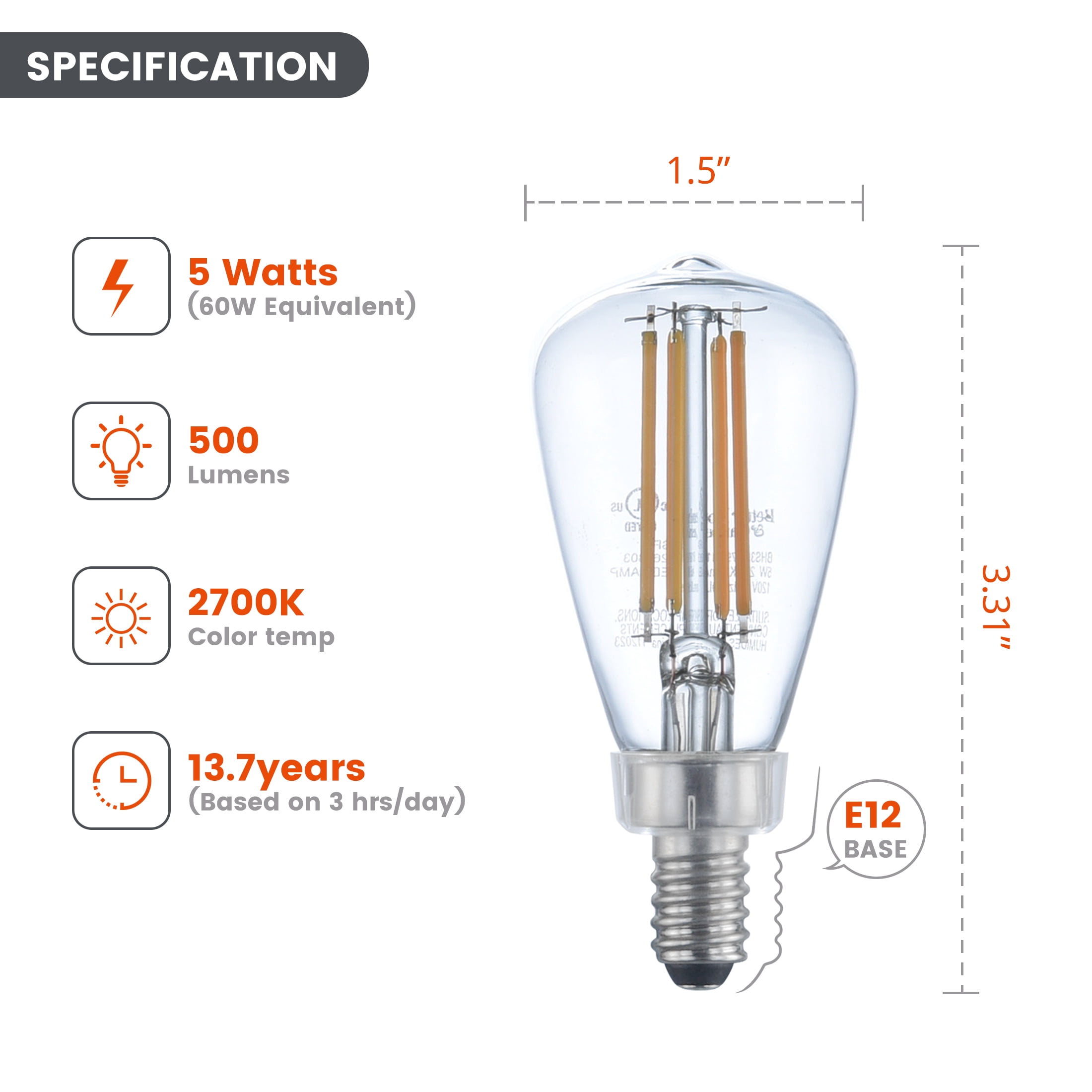 (2 pack) Better Homes & Gardens ST12 LED Light Bulb, 5-Watt (60W Equiv.) Soft White Dimmable E12 Base, 2PK CA