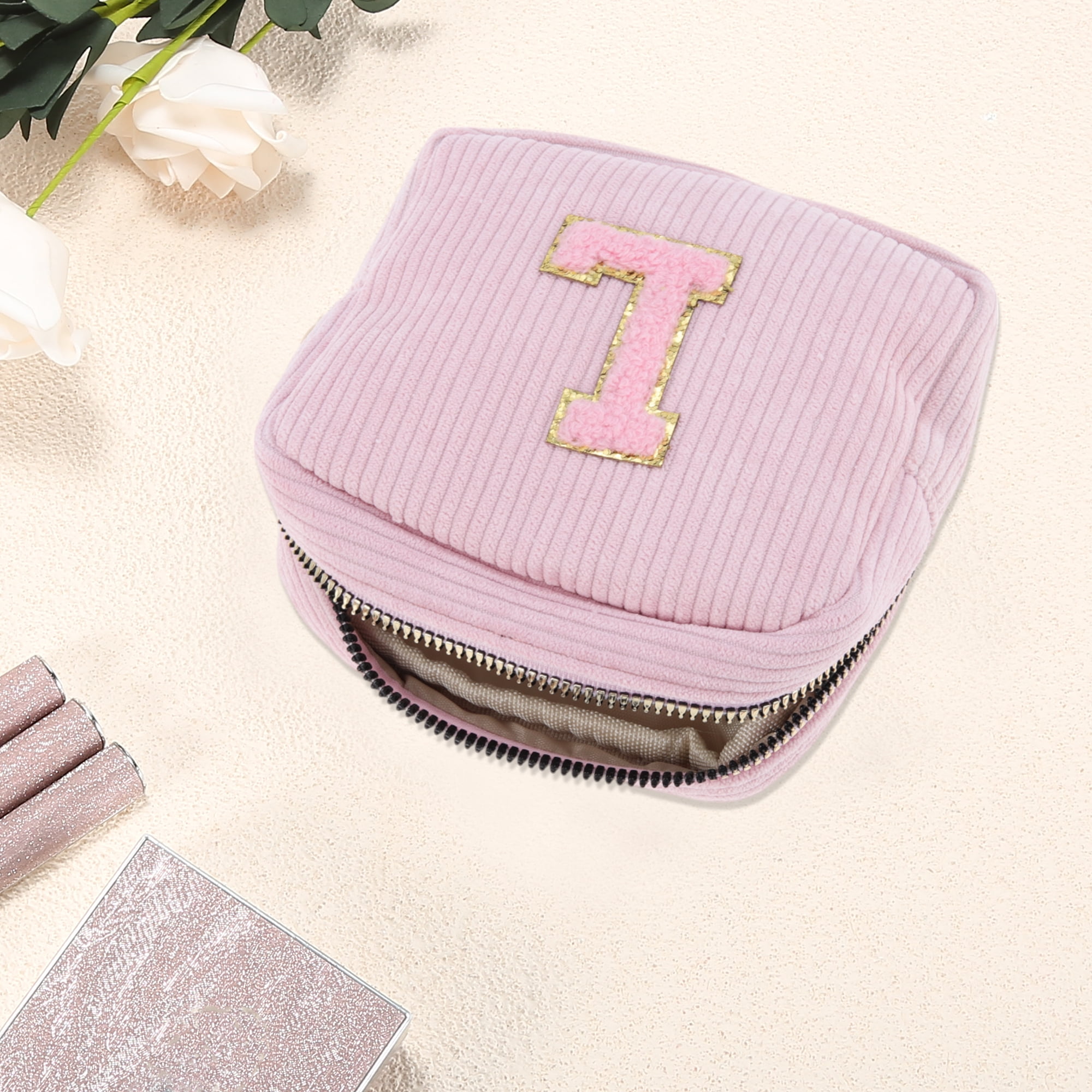 Unique Bargains 1 Pc Letter L Pattern Makeup Bag For Travel with Smooth Zipper Pink
