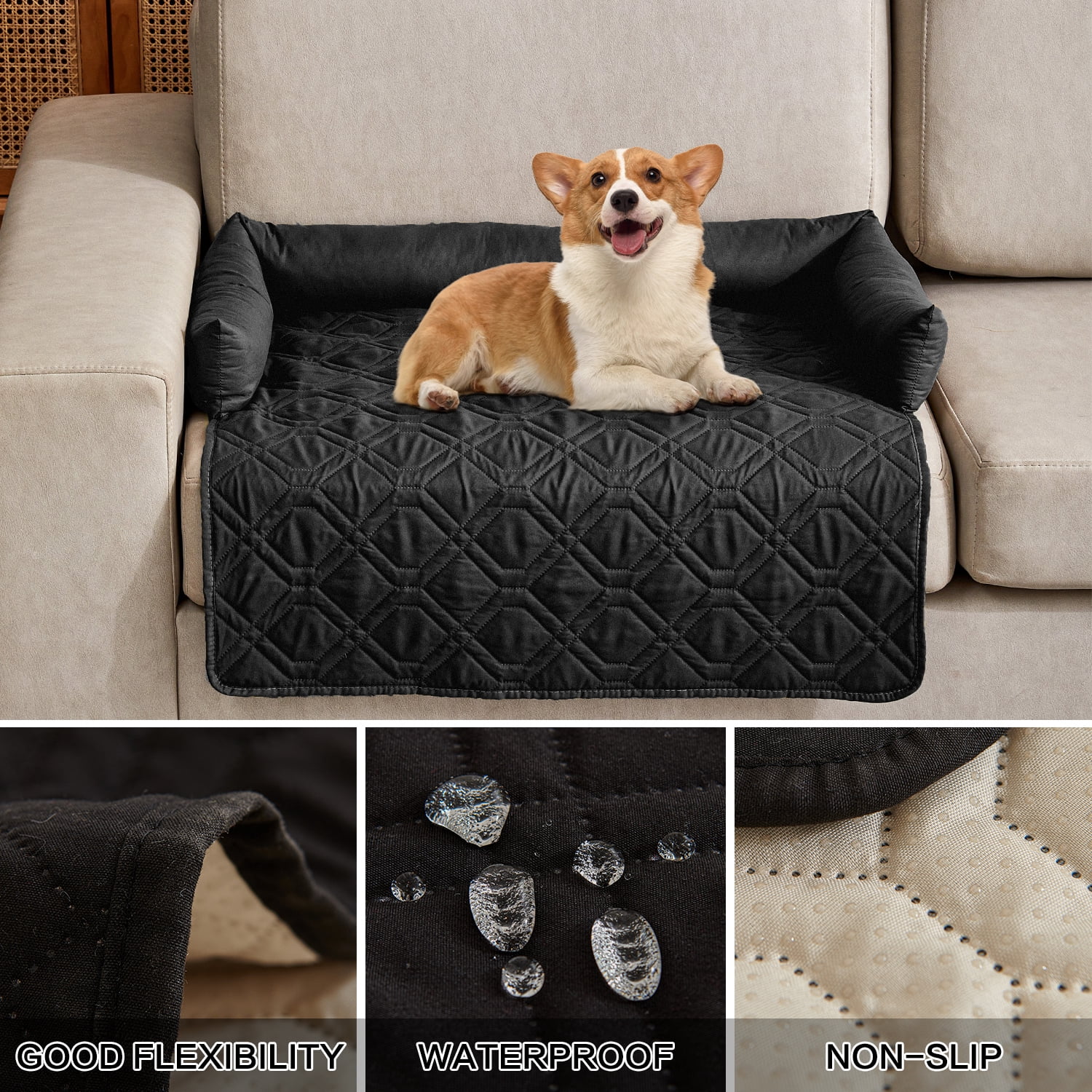 Suitable for Medium and Large Dogs Calm Pet Bed, Pet Furniture Protective Cover, Non-Slip Base, Side Pillow Pet Bed, Waterproof and Urine-Proof Fabric, Deodorant, Machine Washable Non-Slip