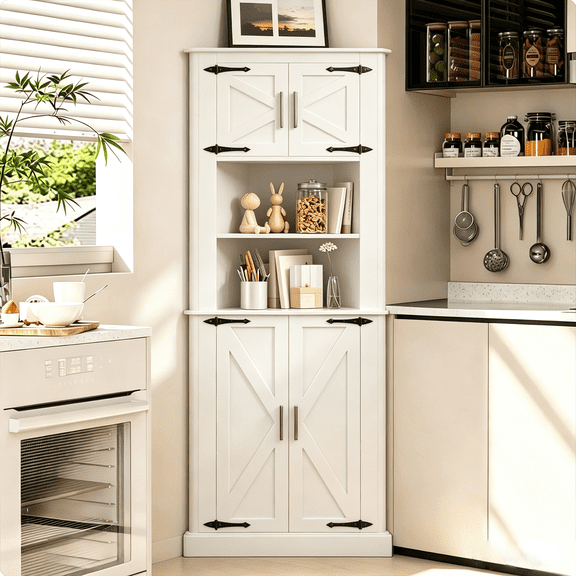 LAUSAINT HOME 67.7'' Farmhouse Tall Corner Bathroom Storage Cabinet, Freestanding Linen Corner Pantry Cabinet with 4 Hinged Barn-Style Doors & Open Shelves, Adjustable Storage Organizer for Kitchen L