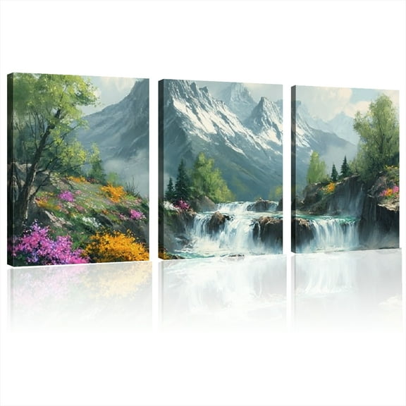2D Flat, Framed Glacier National Park Canvas Wall Art - Modern Minimalist Mountain Lake Landscape Painting with Waterfalls, Ready-to-Hang Nature Photography Print for Living Room 12*16inch*3pcs