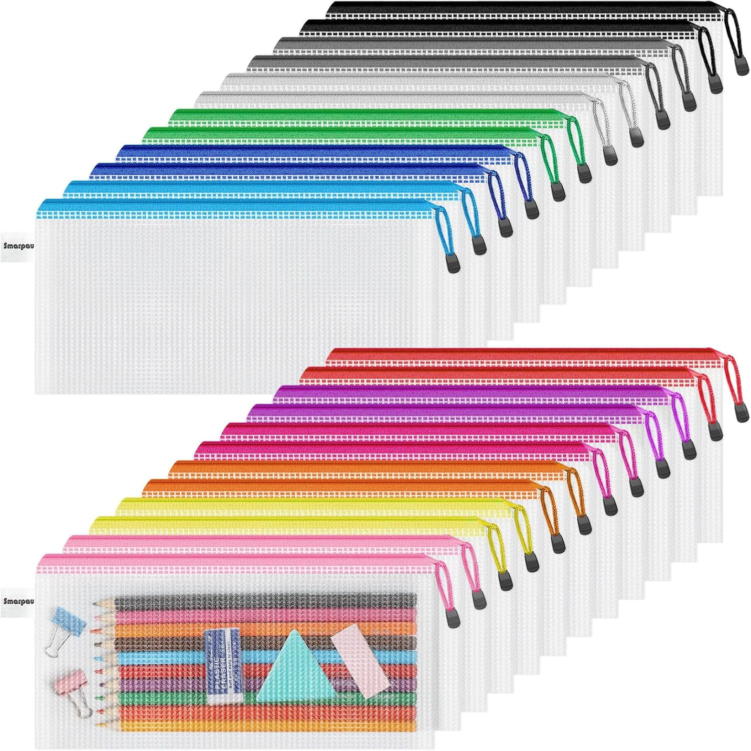 24pcs Mesh Zipper Pouch, 8 Sizes 8 Colors Plastic Zipper Bags for Organizing, Multipurpose Waterproof Zipper Document Pouches for Office, Travel, Home Board Game Storage