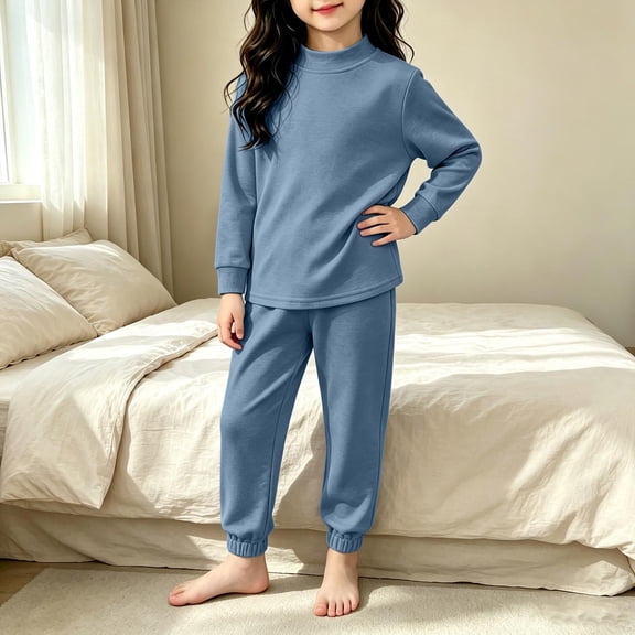 Amidoa Girls 2 Piece Outfits Soft Cute Long Sleeve Top and Pants Fall Winter Kids Clothing Sets Blue Size 8T