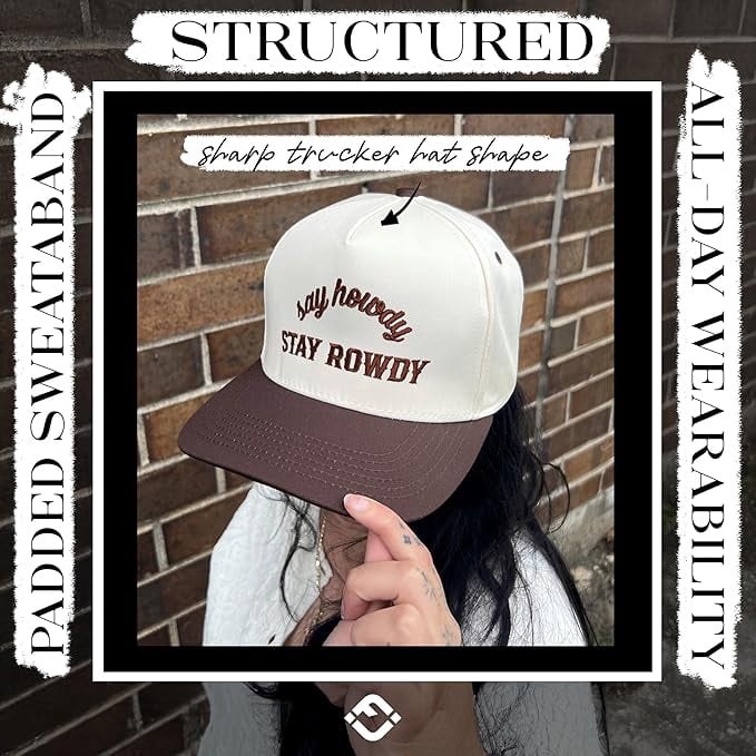 Funky Junque Two Tone Vintage Snapback Trucker Hat - Say Howdy Stay Rowdy - Brown/Beige