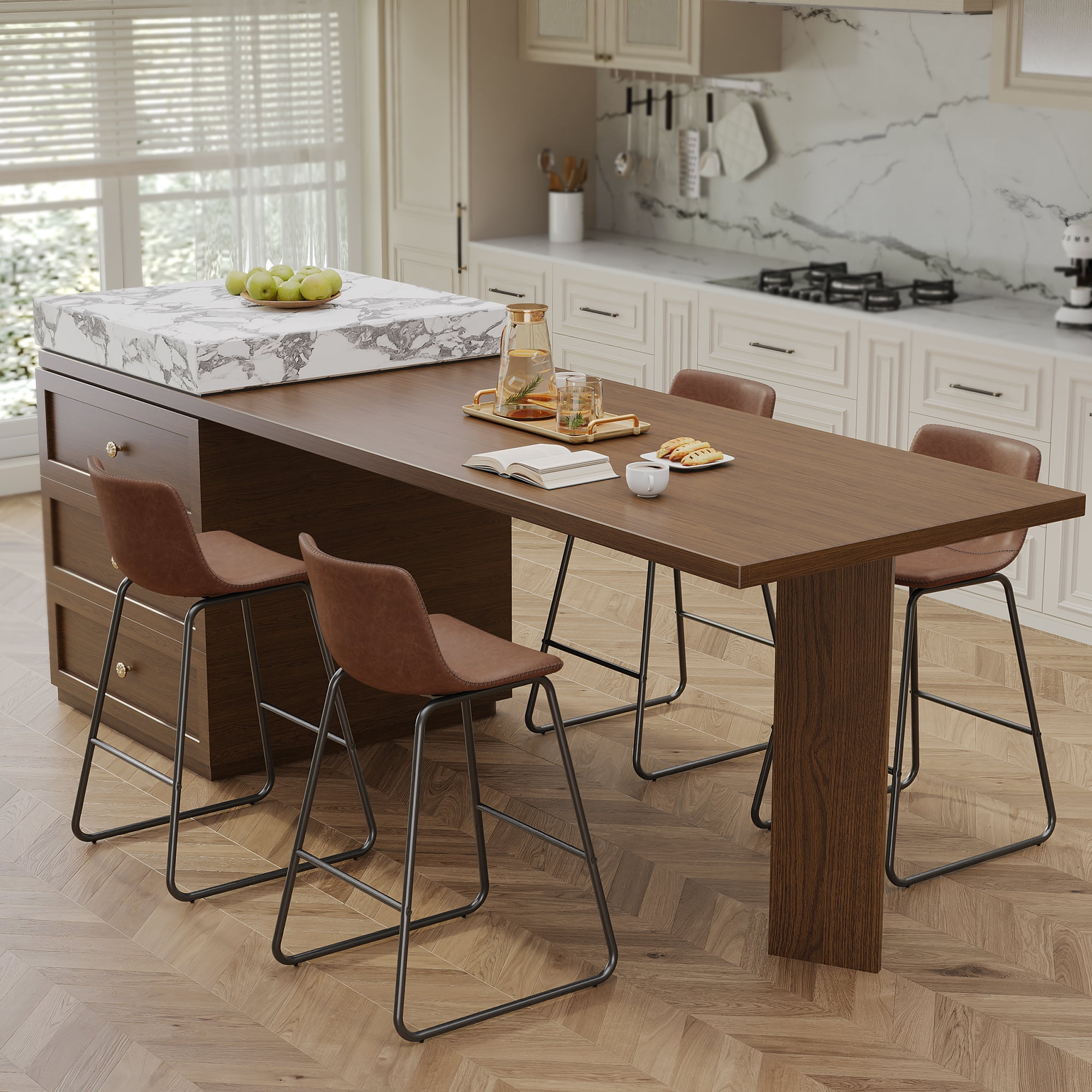 Aufeile 26" Counter Height Bar Stools Set of 3 – Modern Faux Leather Barstools with Back & Metal Legs, Kitchen Bar Chairs for Island, Dining Room, Dark Brown