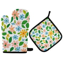 Yayeee Oven Mitts and Pot Holder Set of 2 Heat Resistant Kitchen Gloves Baking Hot Pad, Retro Blue Floral