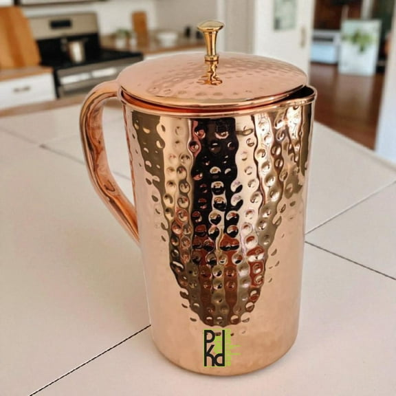 Peekdee Copper Pitcher Hammered Designed Handcrafted Nob Jug Water Storage Yoga Benefits Jug