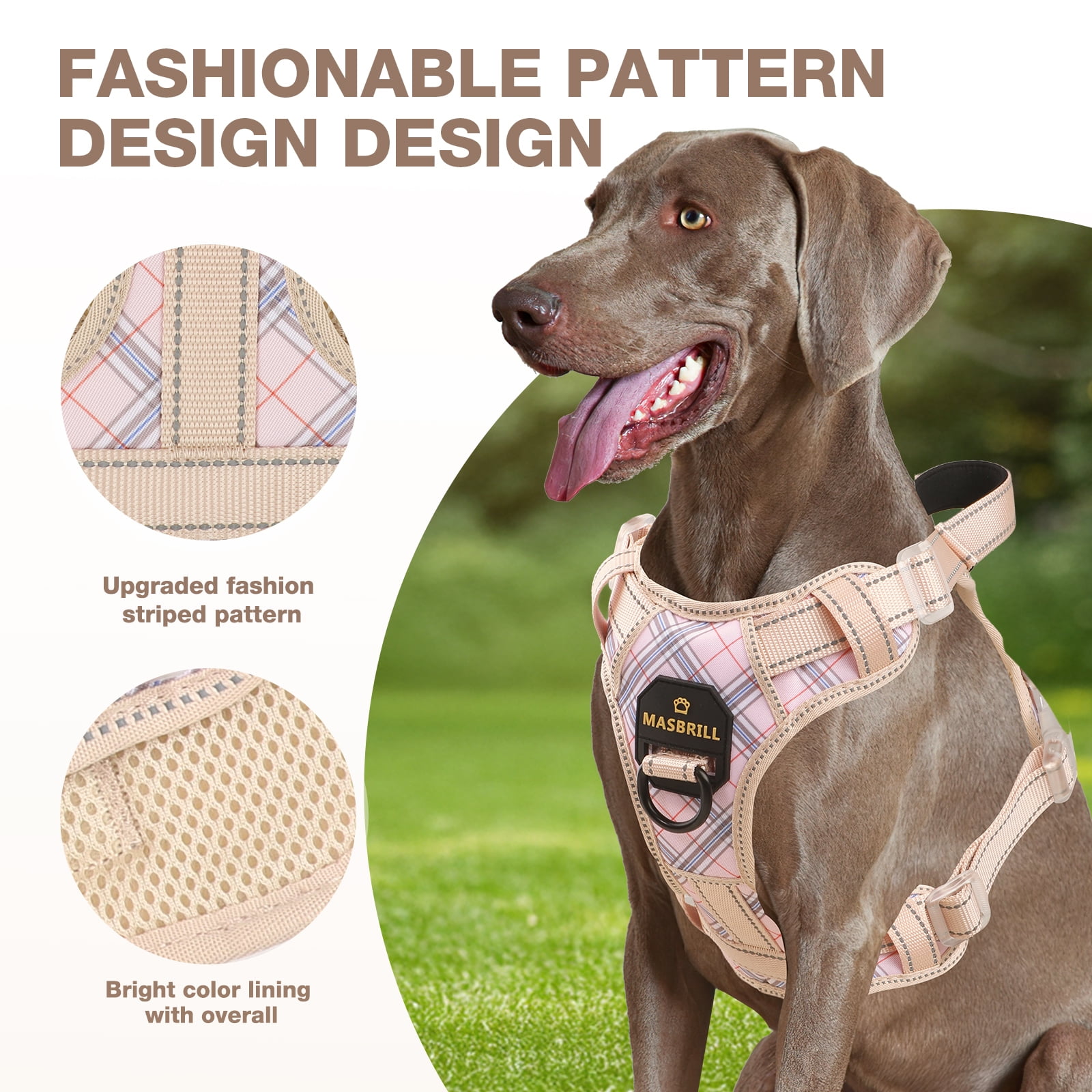 MASBRILL No Pull Dog Harness Reflective Dog Vest Harness with Handle , Breathable Padded Dog Chest Harness Adjustable for Small Dog,New Striped-Beige