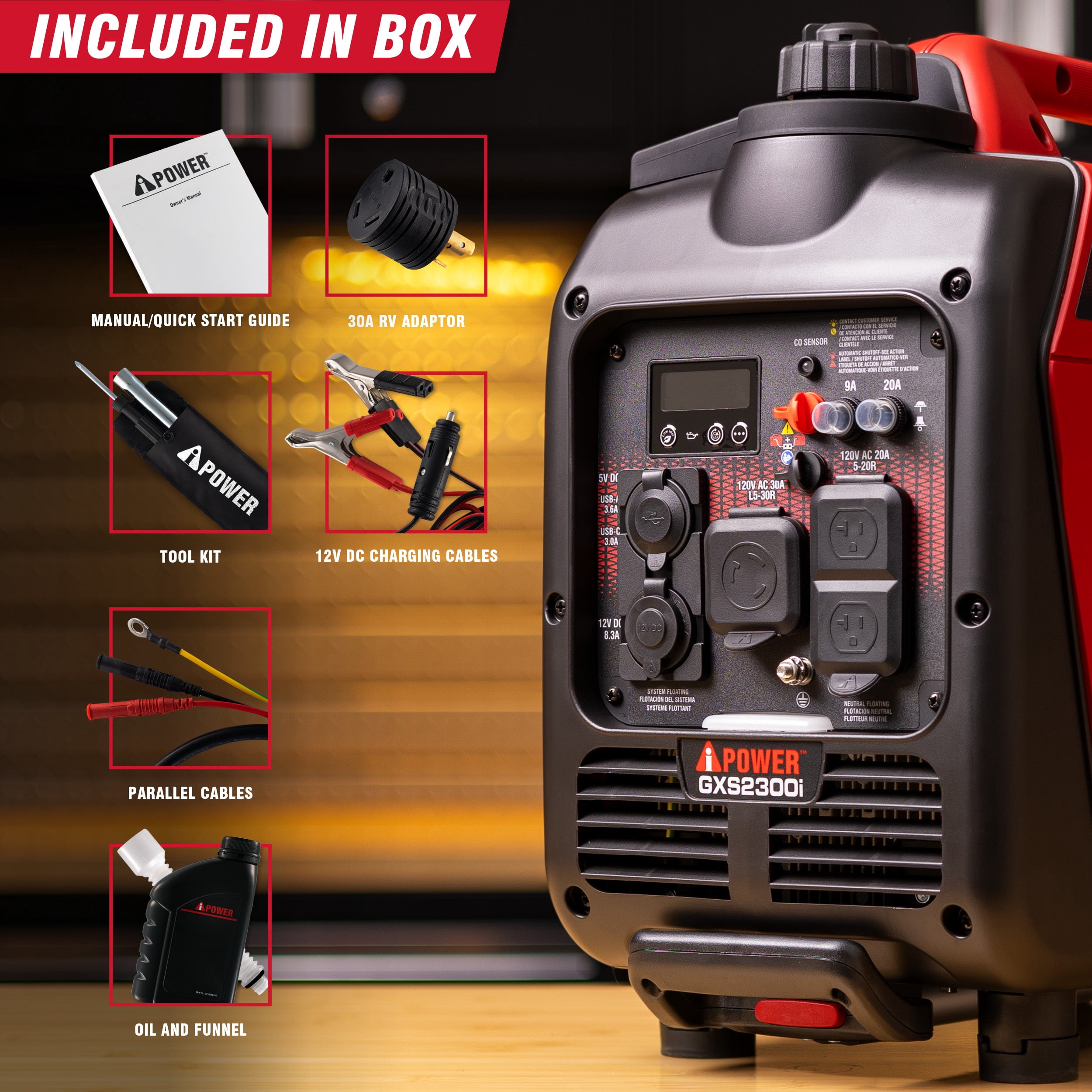 A-iPower 2300-Watt Gasoline Portable Inverter Generator with Recoil Start, 80cc OHV Engine, CO Sensor