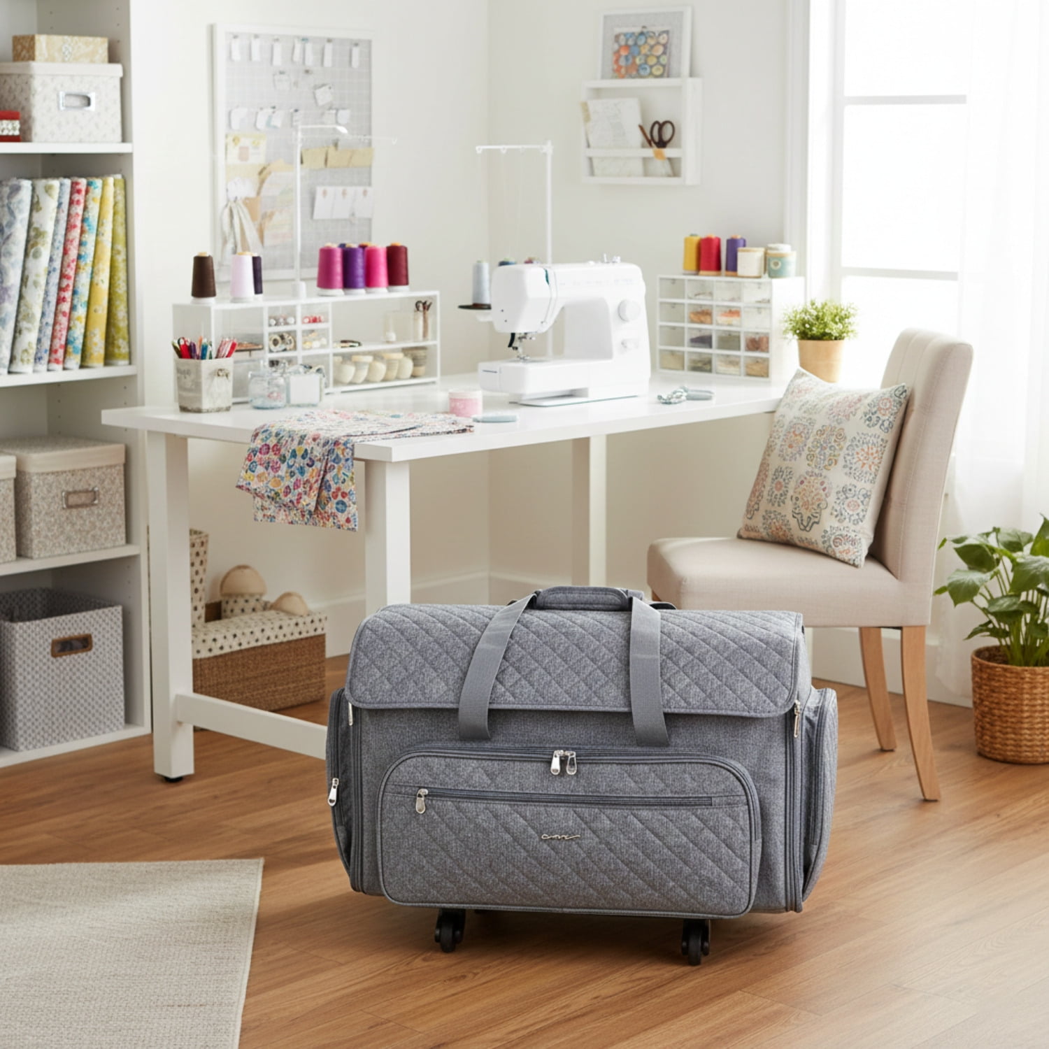 Everything Mary XXL Rolling Sewing Machine Case – Grey Quilted Craft Tote with 360° Wheels – Large Storage Organizer for Sewing & Quilting Supplies