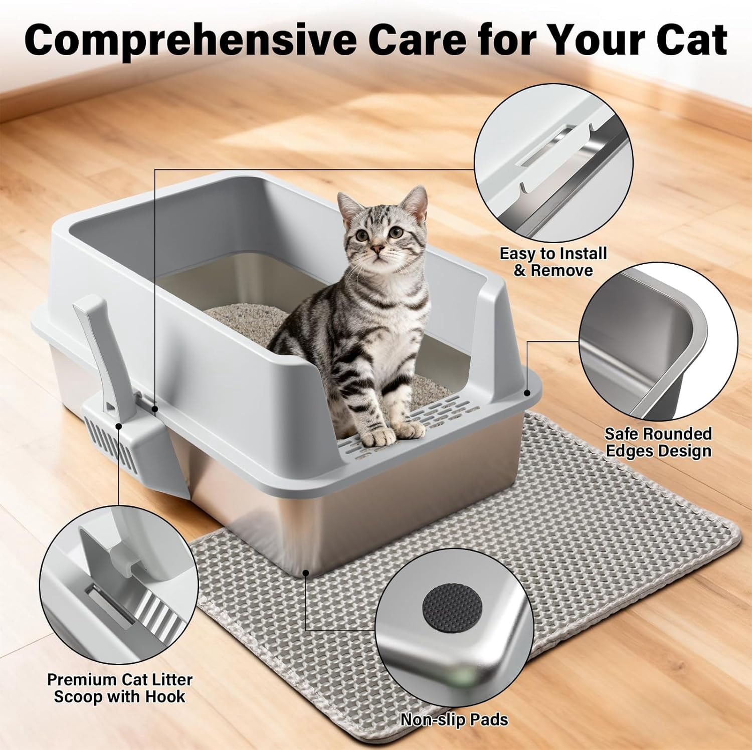 2PCS Stainless Steel Cat Litter Box with Lid Large to XL,Metal Litter Box High Sides for Big/Multiple Cats,Open Design,Indoor,1-Mat and 1-Scoop,Easy to Clean, No Odor,Anti-Urine Leakage