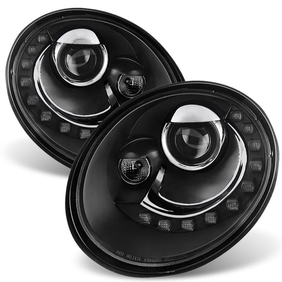 AKKON - For VW Beetle Black Bezel DRL Daylight LED Strip Projector Headlights Front Lamps Replacement