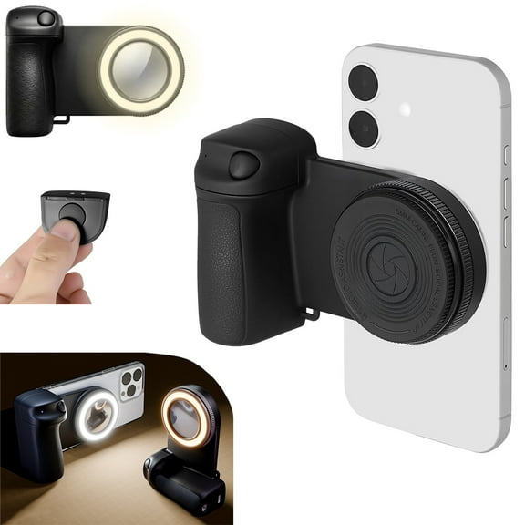 Magnetic Phone Camera Grip with Adjustable Fill Light and Mirror, Anti-Slip Camera Handle with Bluetooth Remote, Compatible with iPhone and Android Phones, Magnet Ring & 1/4’’ Tripod Screw