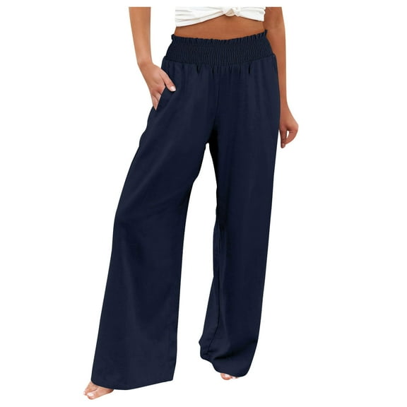 Fgnfyis Womens Wide Leg Pants Casual High Waisted Palazzo Pants Baggy Beach Trousers with Pocket for Relaxed and Stylish Navy XXXL