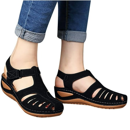 

qucoqpe Women s Wedge Sandals Soft Leather Vintage Anti-Slip Sandals Casual Flat Nude Hollow Out Shoes Comfy Roman Beach Sandals for Outdoor Sports