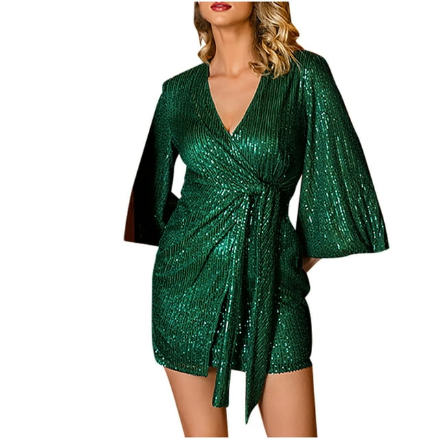 AherBiu Robe Courte à Paillettes pour Femmes Scintillante à Manches 3/4 Portefeuille avec Lien, Décolleté en V Profond, Soirée, Fête, Cocktail