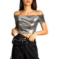 thumbnail image 5 of Unique Bargains Women's Off Shoulder Party Club Shiny Metallic Crop Top L Silver, 5 of 7
