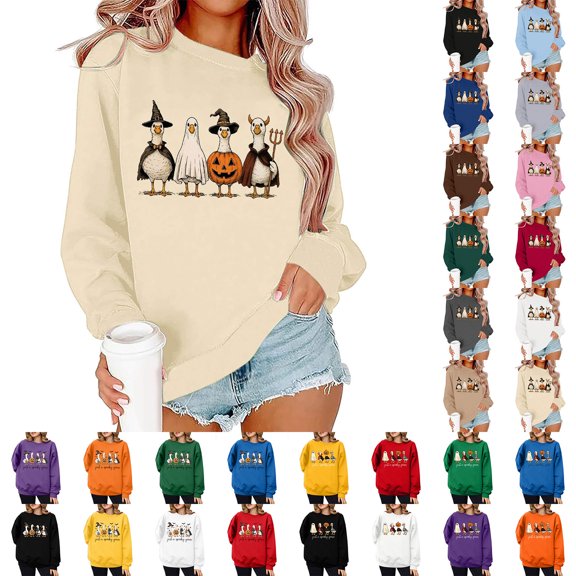 Halloween Long Sleeve Shirts for Women Graphic Tees Spooky Pumpkin Sweatshirt Crewneck Novelty Funny Pullover 2026 Fall Tshirts(A_Beige,L)