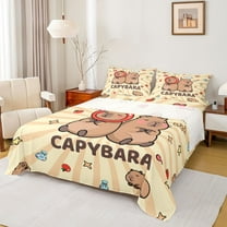 Homewish Brown Kawaii Capybara Twin Sheet Sets,Cartoon Animal Twin Fitted Sheet,Rainbow Stars Pattern Flat Sheet For Girl Boy,Breathable Home Decor,3pcs