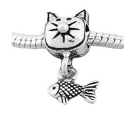 Sparkle Dangle Beads Cat with Fish Dangle charm Spacer European Bead Compatible for Most European Snake Chain Bracelet ()