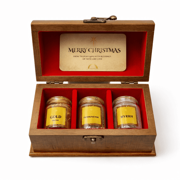 Three Kings Gifts Set – Gold, Frankincense & Myrrh from the Holy Land – Nativity Keepsake in Wooden Display Chest