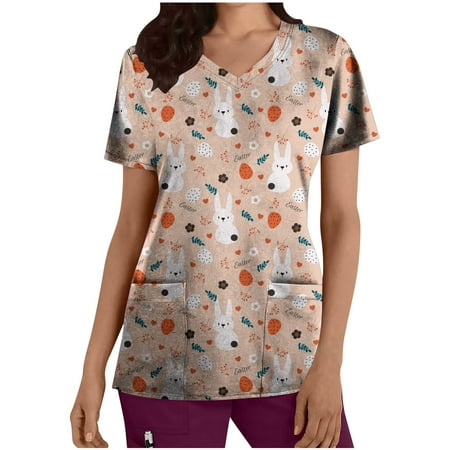 

Easter T Shirt Ladies US Scrub Tops for Women Summer Short Sleeve Easter Egg Shirts V Neck Comfy Loose Fit Cute Rabbit Shirts Bunny Tees Pockets Flared Nursing Working Uniform Workwear Tops