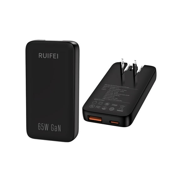 Cargador RUIFEI USB C plano de 65 W con doble USB-C para viajes, color negro