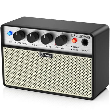 Ueteto 10W Mini Bass Amp, Portable and Rechargeable Bass Guitar Practice Amplifier with Clean and Drive Channels