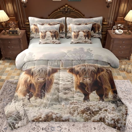 Castle Fairy Highland Bull Twin Bedding Sets 7-Piece for Kids Teens Adults Farmhouse Animal Bedding Comforter Set Microfiber Exotic Style Breathable Sheet Sets Breathable Home Decor Reversible