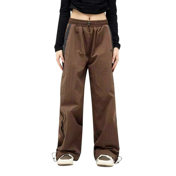 Gibobby pantalones de mujer holgados Pantalones de pierna ancha deportivos sueltos con cintura alta elástica estilo Hip Hop callejero informal a la moda Retro para mujer (Marrón, M)