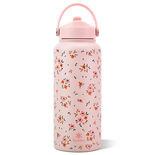 Botella de agua KEWIXY con aislamiento de 950 ml con estampado floral pajizo rosa