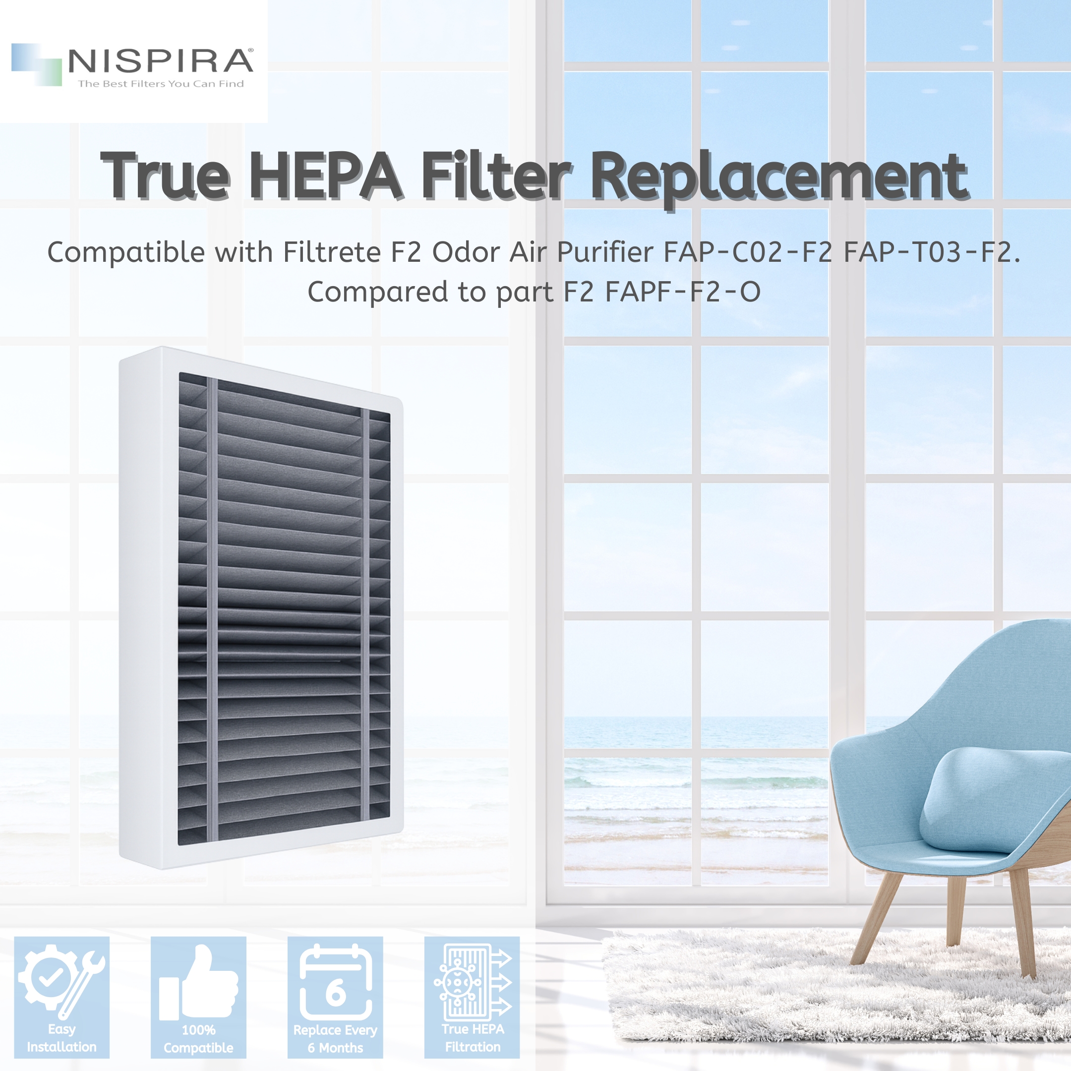 Nispira F2 FAPF-F2-O HEPA Filter Replacement Compatible with 3M Filtrete F2 Odor Air Purifier FAP-C02-F2 FAP-T03-F2. 4 Filters