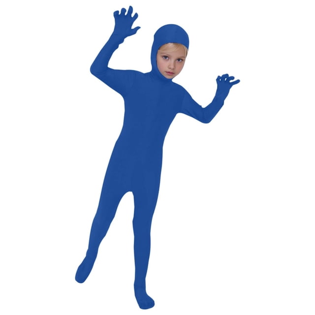 Ensemble Zentai pour Enfants Unisexe avec Capuche Révélatrice de Visage, Justaucorps en Polyester Spandex pour Cosplay, Performances de Scène, Costumes d'Halloween et Fêtes à Thème Bleu
