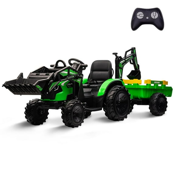Garvee 24V 4 in 1 Kids Tractor, Excavator & Bulldozer, Ride-On Electric Vehicle w/Remote Control, Trailer, Digger, Shovel Bucket, Led Lights, Music, Riding Toy for Boys Girls
