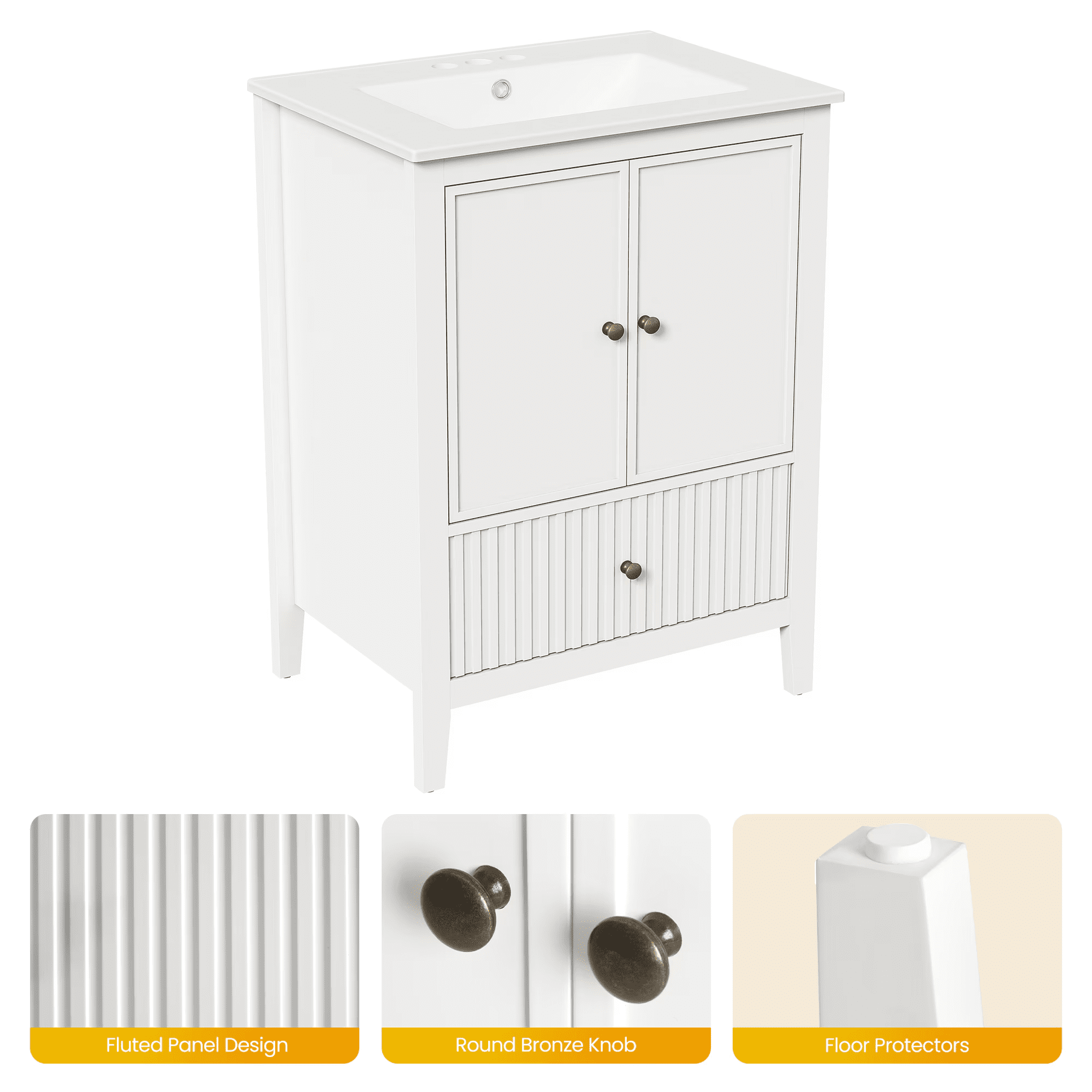 Mintazer 24 Inch Fluted Bathroom Vanity Cabinet with Ceramic Sink, Modern Farmhouse Single Sink Bath Vanity with Storage Cabinet & Drawer, White