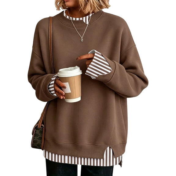 Women's Crewneck Sweatshirt Layered Hem Pullover Top with Ribbed Cuffs Slouchy Street Style Sweatshirts, L