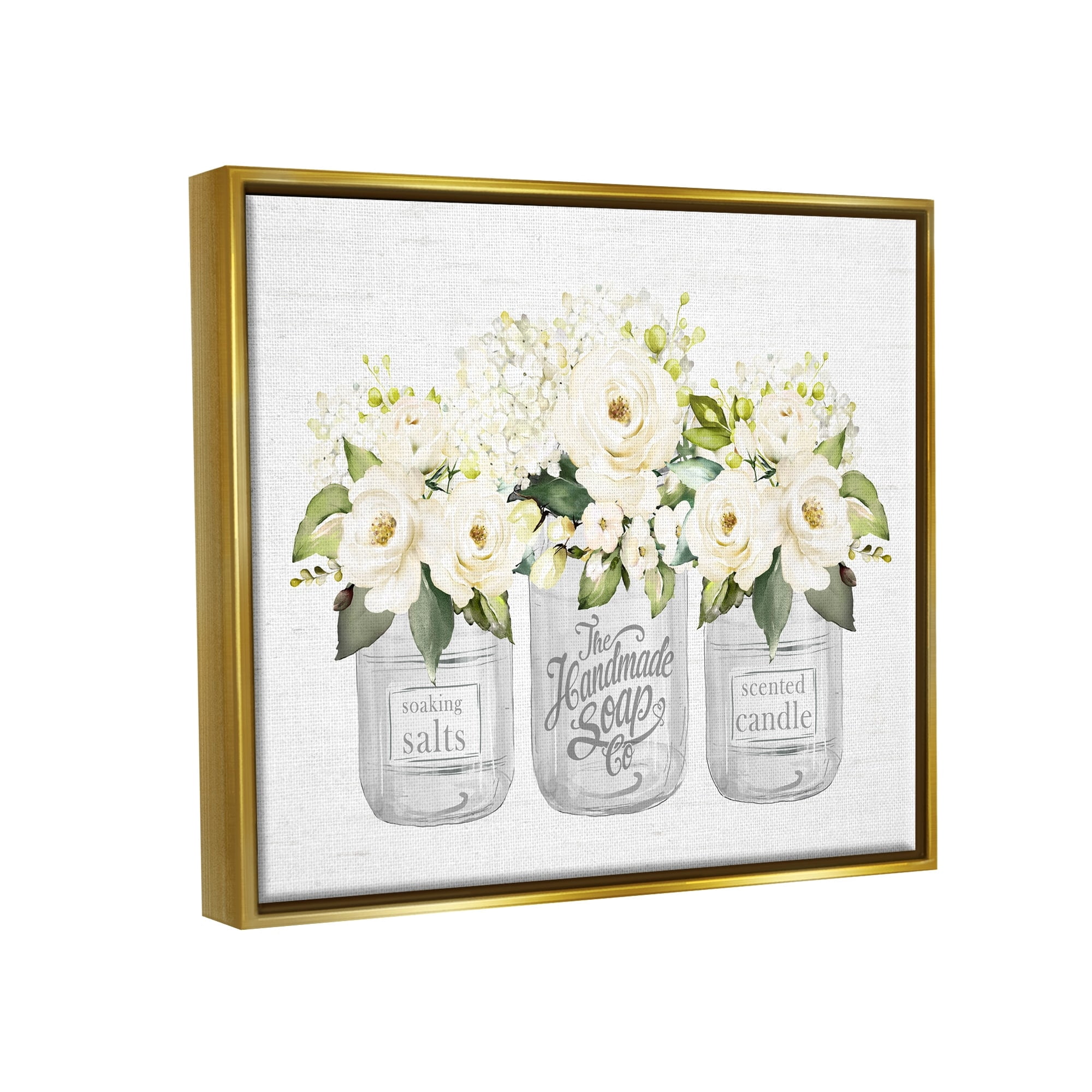 Stupell Industries White Roses Blooming Country Rustic Candle Jars Graphic Art Metallic Gold Floating Framed Canvas Print Wall Art, Design by Lettered and Lined
