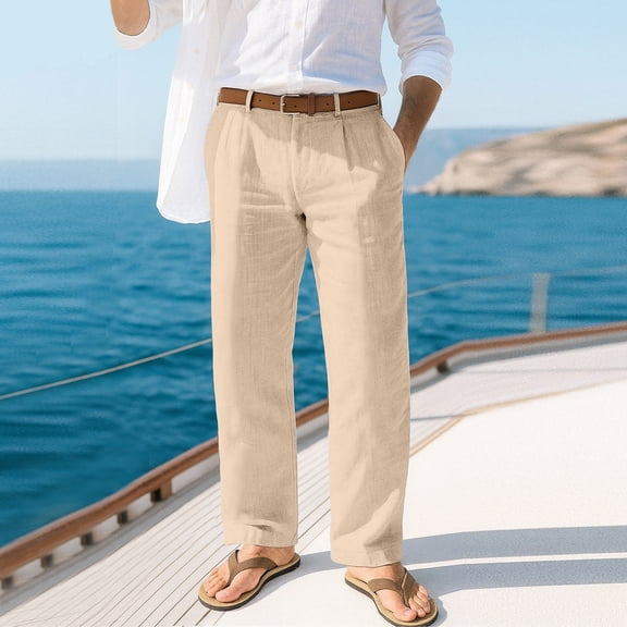Domuza Linen Pants for Men Casual Stylish Straight Leg Pleated Pleated Slacks Spring Summer Baggy Lightweight Beach Pants with Pockets Khaki 3XL