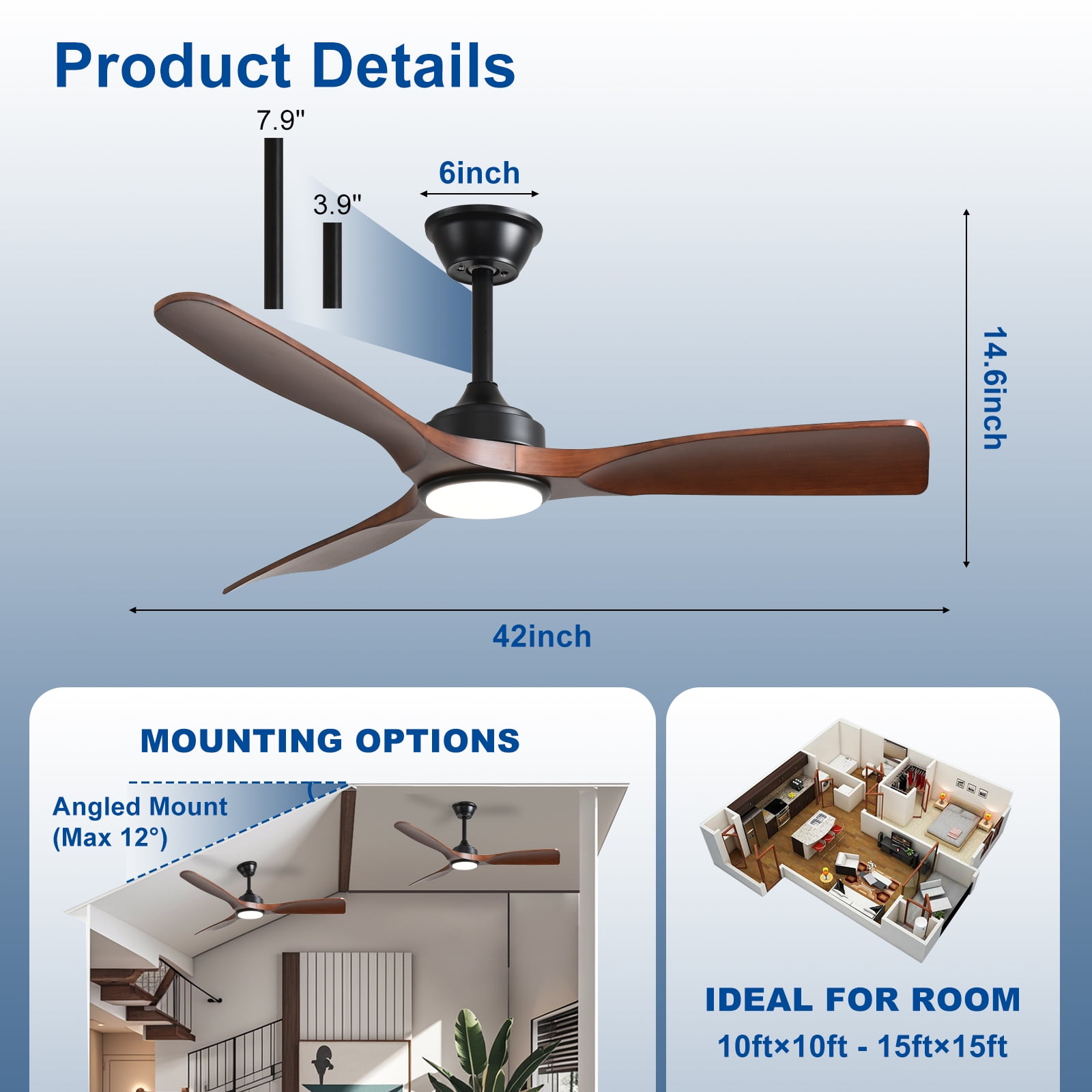 42-Inch Walnut Ceiling Fan with Light: Indoor/Outdoor Use Hanging Fan, Remote & APP Control, High Efficiency with Quiet DC Motor, Timer Function