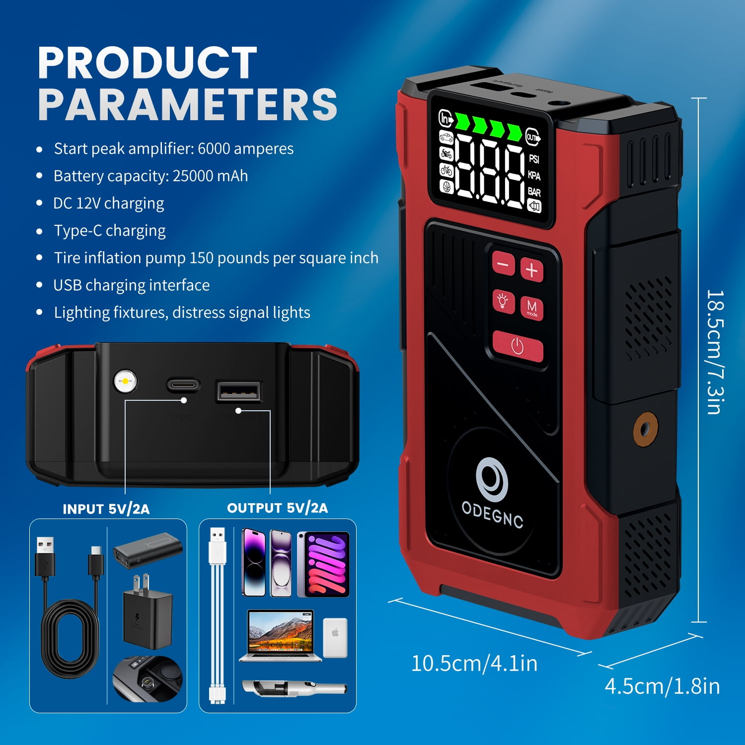 ODEGNC 6000A Car Battery Jump Starter with Air Compressor 25000mAh 150PSI Portable Air Pump for Vehicles & Emergency