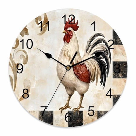 Wall Clock 14 inch Vintage Rooster Floral Battery Operated Clocks Silent Non-Ticking Wallclock Black White Plaid Round Decorative Wall Clocks for Home Office School