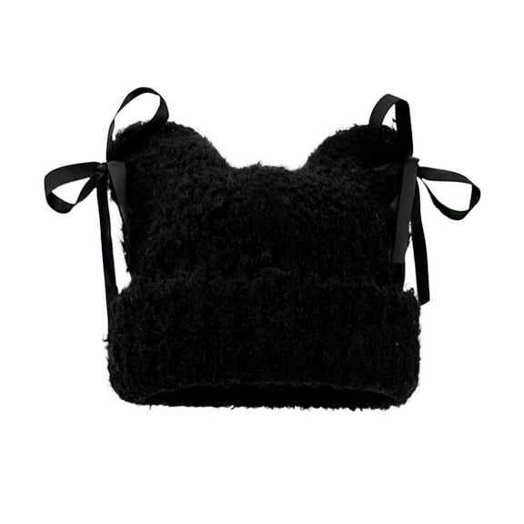 Xfvqtps Cat Ear Beanie for Women with Lace Bowknot Knitted Fleece Cuffed Solid Color Y2K Accessories Playful Windproof Coldproof Warm Winter Slouchy Hat Black