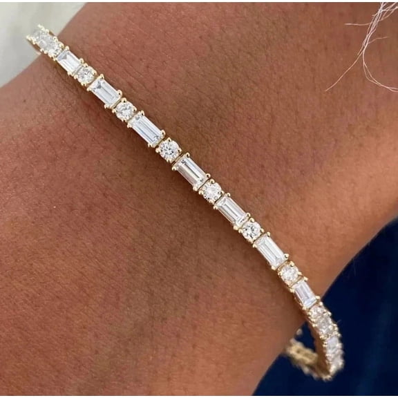 8TCW Baguette & Round Lab Created Diamond Tennis Bracelet 14K Yellow Gold Plated 7"